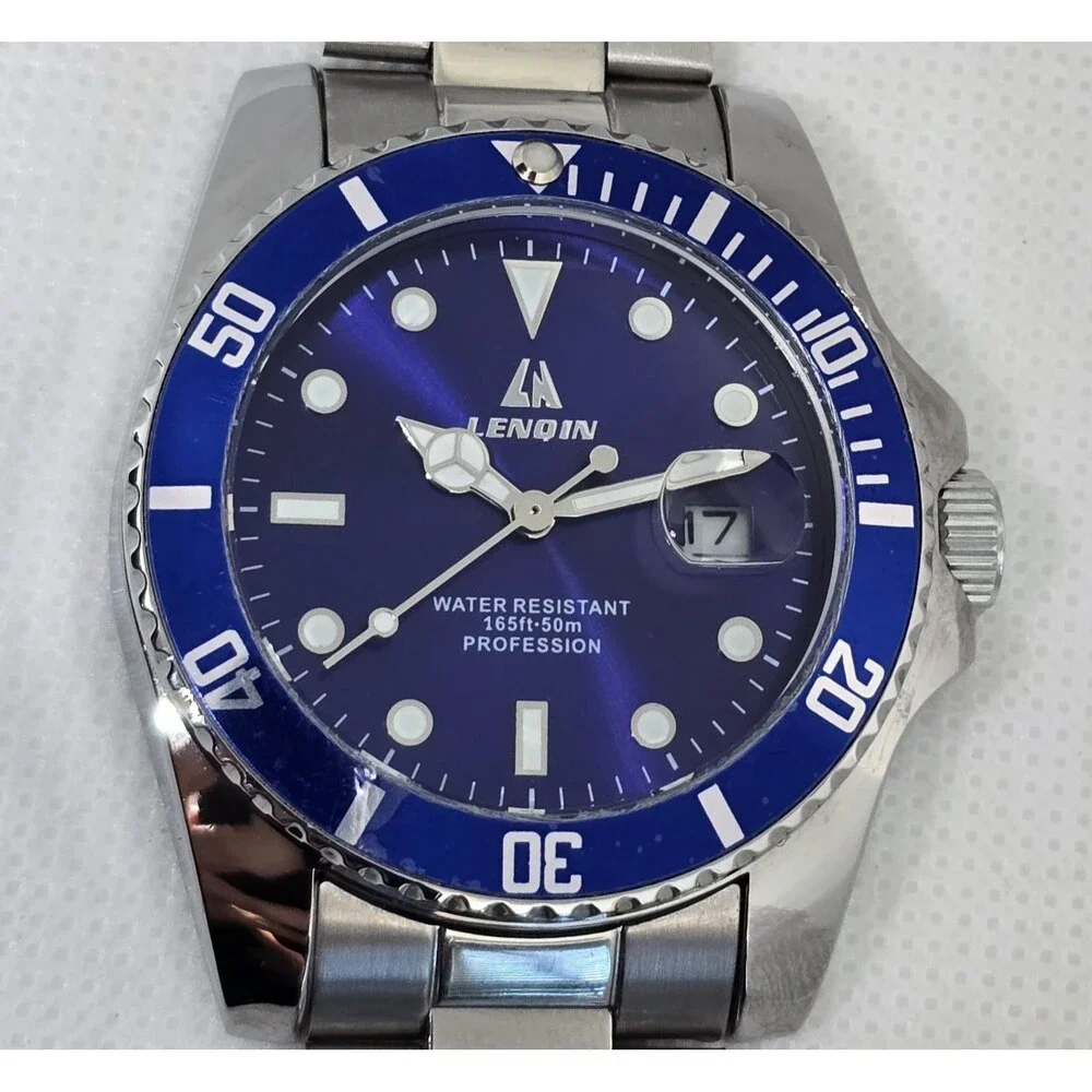 Men's Lenqin Classic Silver Tone Blue Dial Luminous Date Bracelet Watch 13